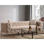 Καναπές 3θέσιος PWF-0579 τύπου Chesterfield ύφασμα εκρού 237x90x73εκ - Image 2