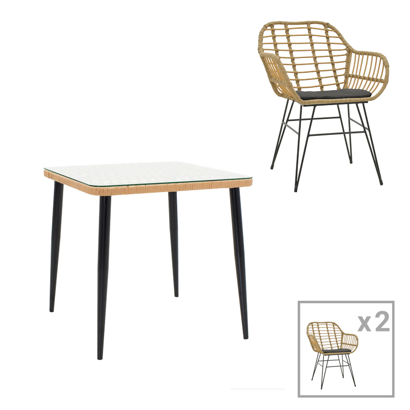 200-000958 Τραπεζαρία Naoki V σετ 3τεμ rattan pe σε φυσική απόχρωση και μαύρο μέταλλο 80x80x78εκ - Image 1