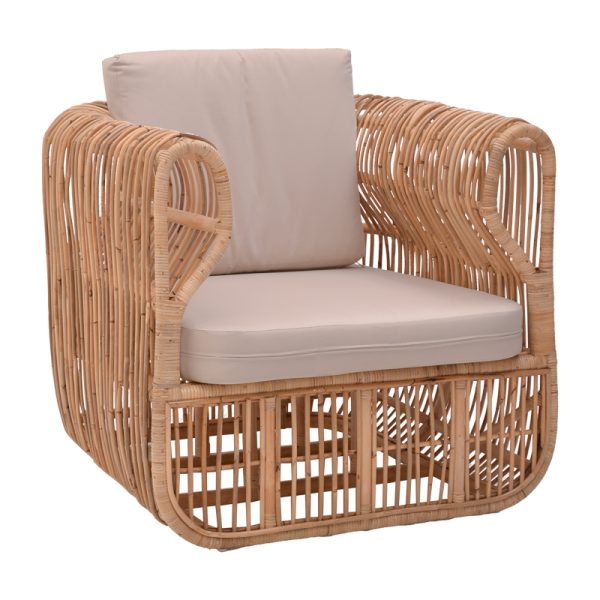 Πολυθρόνα Fajole  rattan σε φυσική απόχρωση με μπεζ μαξιλάρι 83x92x82εκ