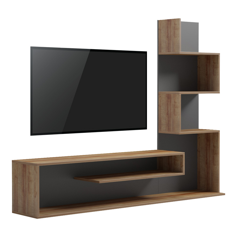 230-000100 Έπιπλο τηλεόρασης με βιβλιοθήκη Cazenda σε oak με ανθρακί απόχρωση 160x29x126εκ - Image 1