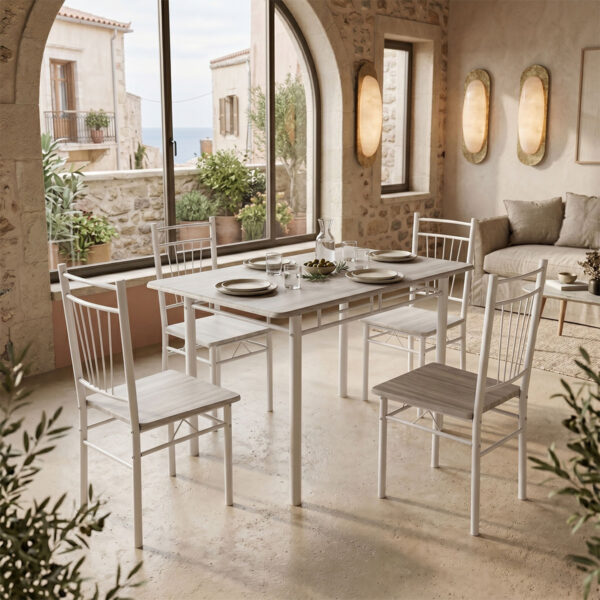 Τραπεζαρία Roza  σετ 5τμχ mdf sonoma με μεταλλικό λευκό πόδι 120x65x75εκ