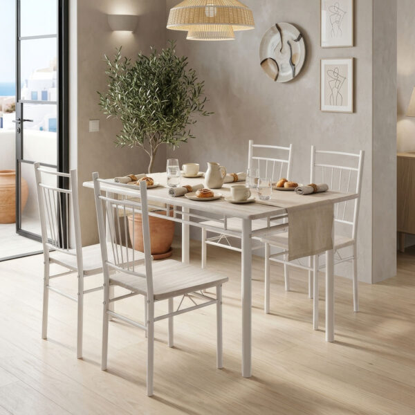 Τραπεζαρία Roza σετ 5τμχ mdf sonoma με μεταλλικό λευκό πόδι 110x60x75εκ