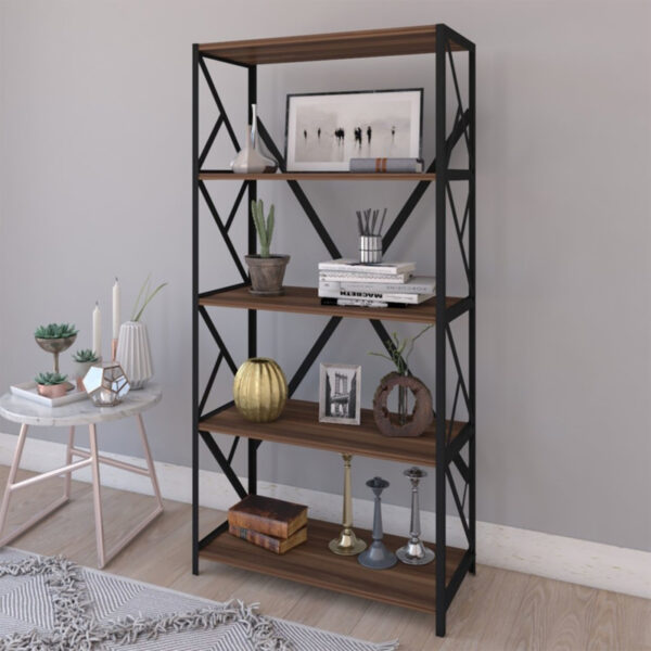 Βιβλιοθήκη Bimblem καρυδί με μαύρο μέταλλο 60x30x150εκ