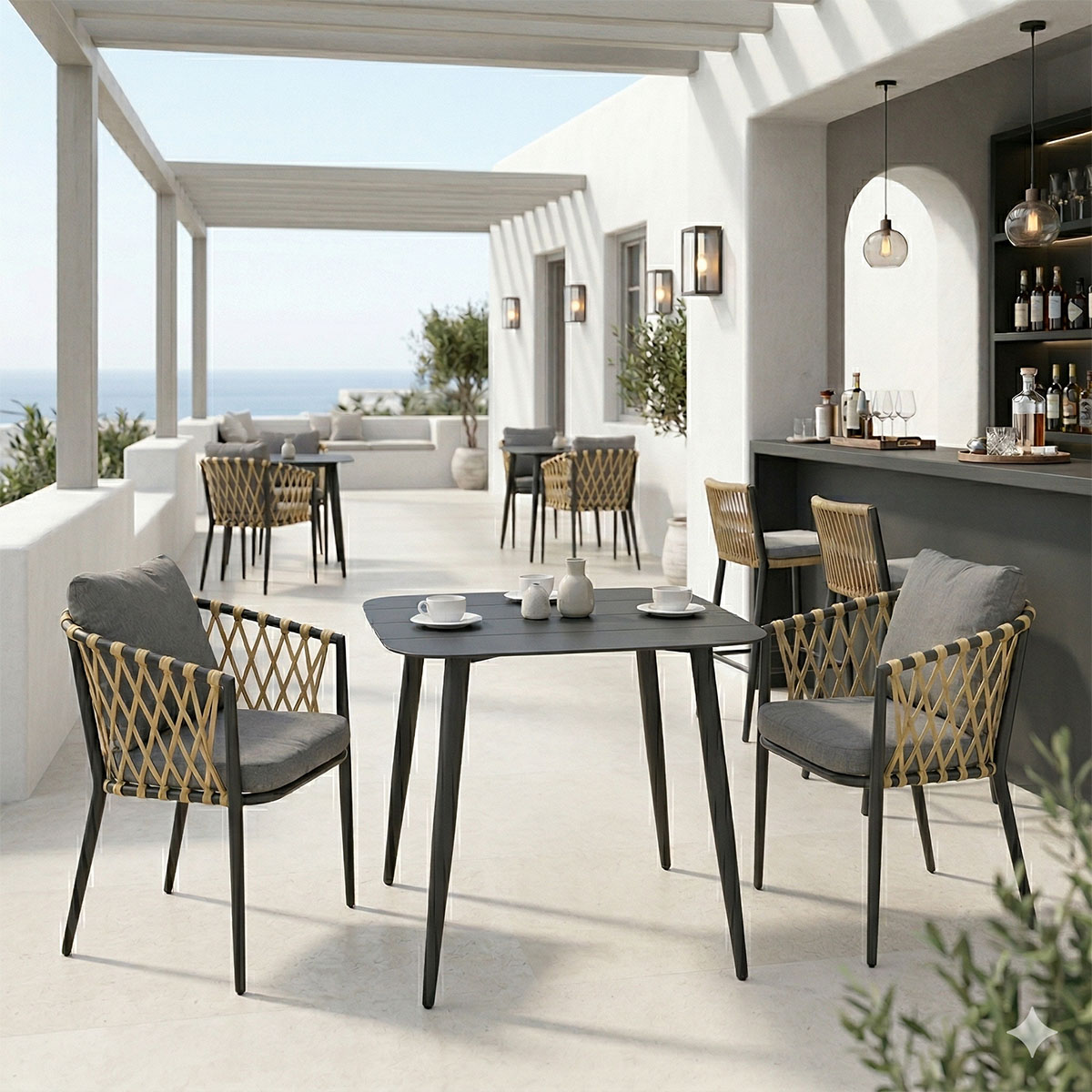 200-001673 Τραπεζαρία Peluxe Vista σετ 3τεμ ανθρακί αλουμίνιο με PE σχοινί σε φυσική απόχρωση και μαξιλάρια 80x80x72εκ - Image 1