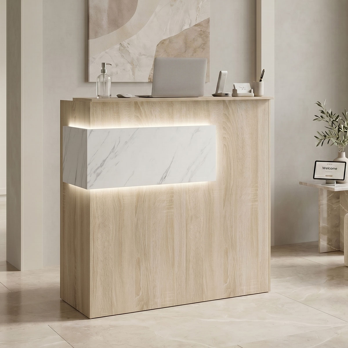 230-000186 Γραφείο reception Optima με led sonoma-λευκή όψη μαρμάρου 110x40x110εκ - Image 1