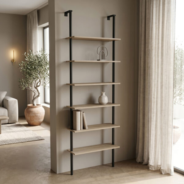 Βιβλιοθήκη επιτοίχια Dimmo  sonoma-μαύρο μέταλλο 60x20x180εκ