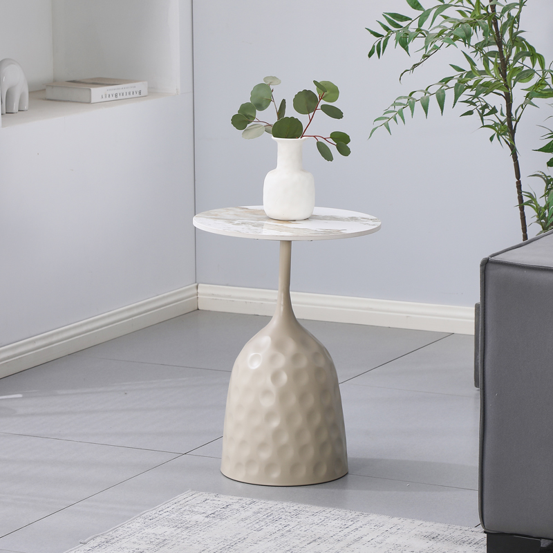278-000060 Βοηθητικό τραπέζι Amphora μέταλλο cappuccino- τραβερτίνα με όψη μαρμάρου Φ40x60εκ - Image 1