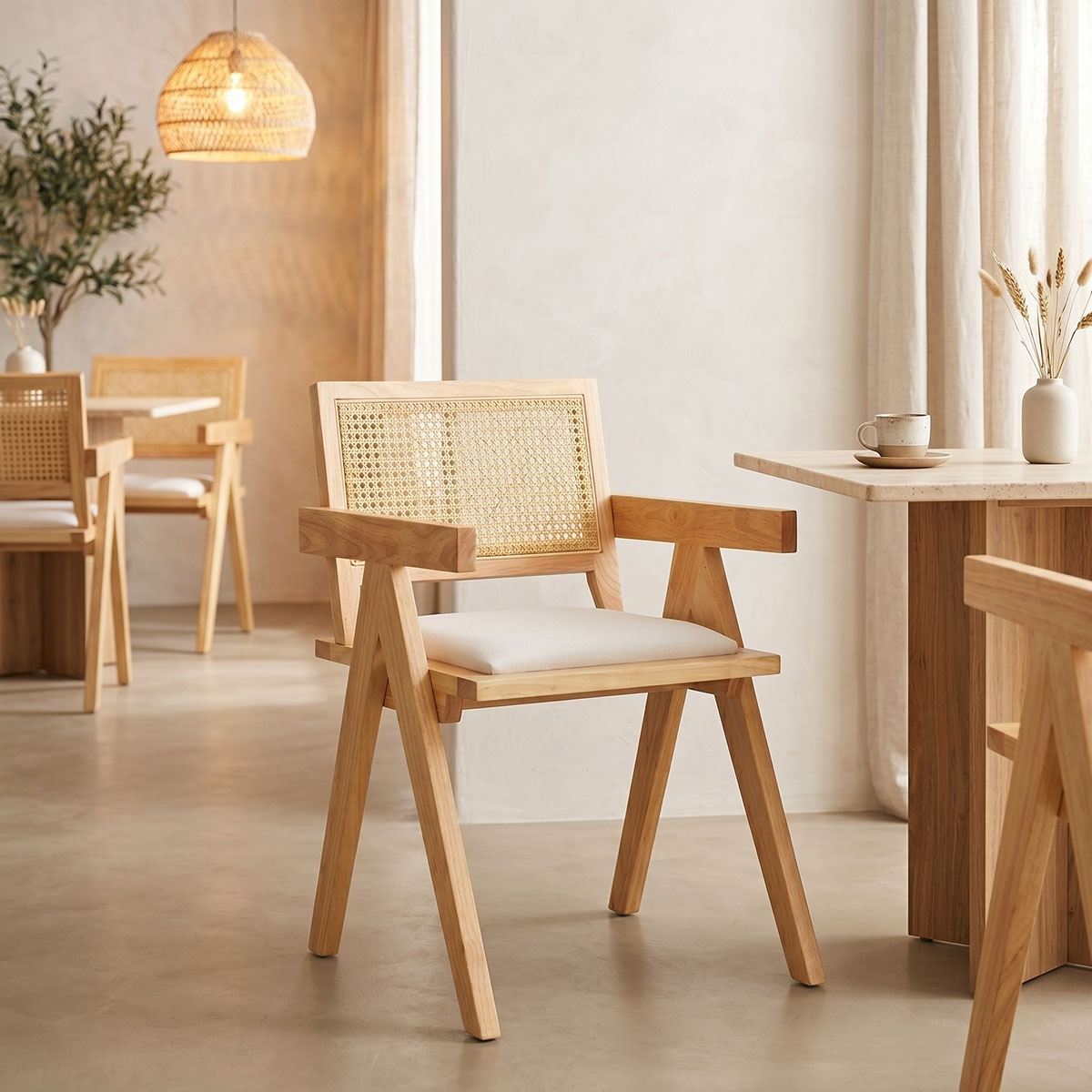 382-000009 Πολυθρόνα Winslow rubberwood σε φυσική απόχρωση-ύφασμα λευκό 51x54x80εκ - Image 1