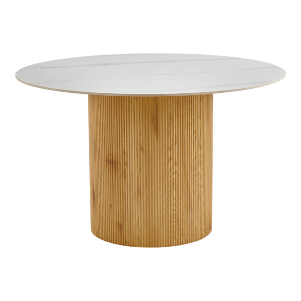 Τραπέζι Sikulu  oak MDF με κεραμική επιφάνεια σε λευκό μαρμάρου Φ125x77εκ