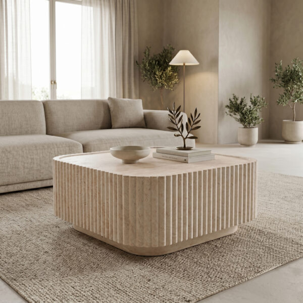 Τραπέζι σαλονιού Doric  MGO όψη τραβερτίνας 80x80x38εκ